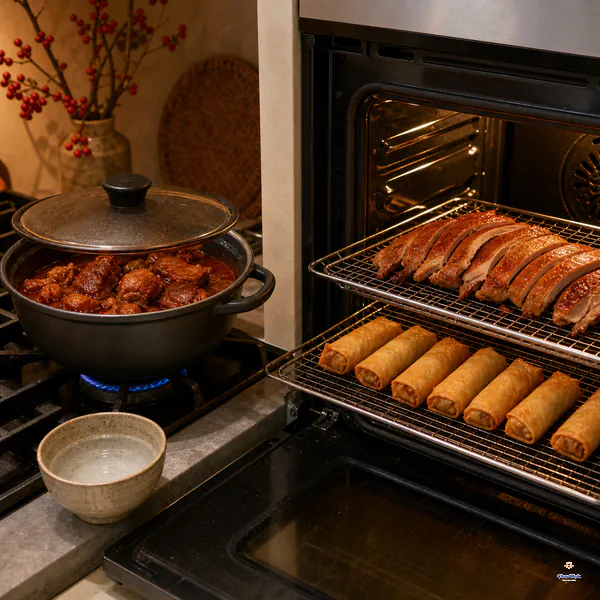 A saucy braise reheats gently with water nearby while sliced roast poultry and spring rolls warm separately on dry oven racks