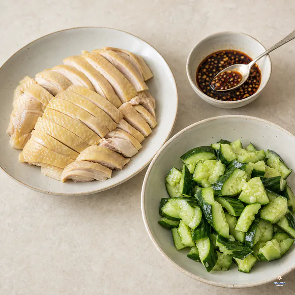 Sliced pale salt-baked chicken and crisp smashed cucumber sit on separate plates with dark dressing held in a small bowl