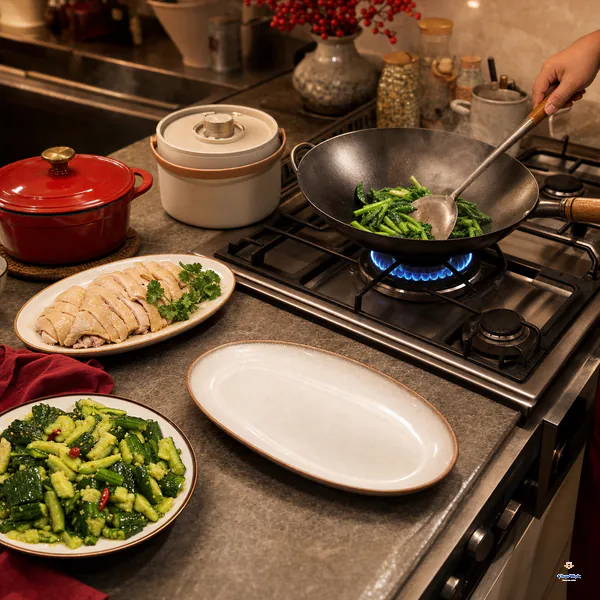 One wok cooks bright greens over the only active burner while cold dishes, covered pots and an empty warm serving platter wait nearby