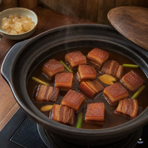 Red-braised pork belly cubes sit halfway in nearly still soy braising liquid with ginger, scallion, rock sugar and the lid nearby