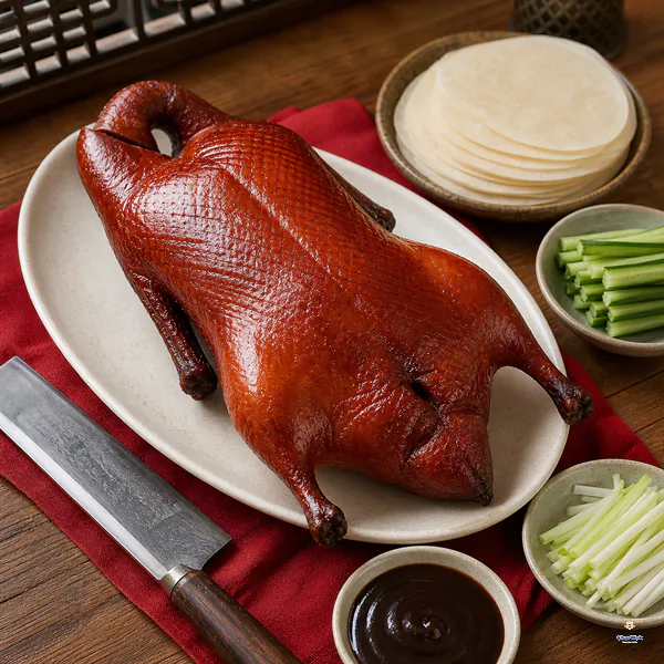 A whole lacquered roast duck rests beside thin pancakes, cucumber, scallion, sweet bean sauce and a cleaver