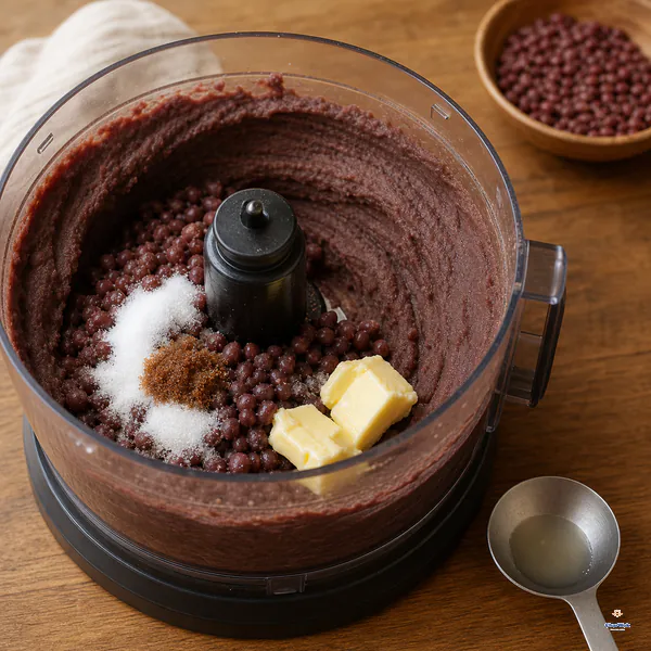 Warm drained adzuki beans, white sugar, dark brown sugar and butter begin blending into a fine paste with only a spoonful of bean water nearby
