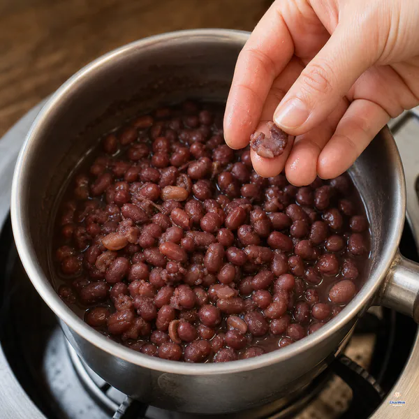 A cooked adzuki bean mashes effortlessly between clean fingertips above a saucepan of soft swollen beans with a little cooking liquid