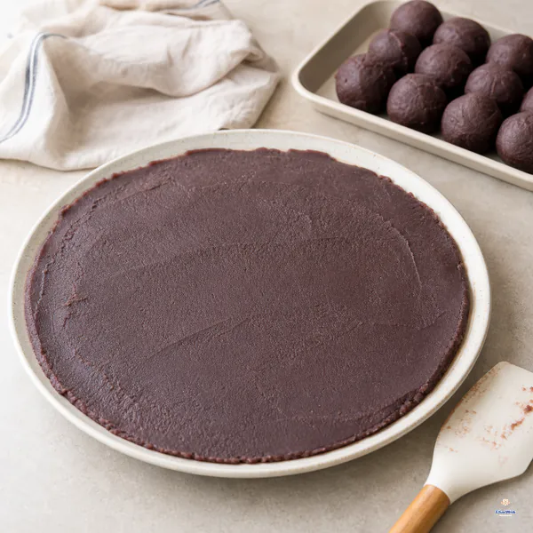 Smooth red bean paste is spread in a broad thin layer on a shallow plate with firm portioned paste balls waiting at the far edge