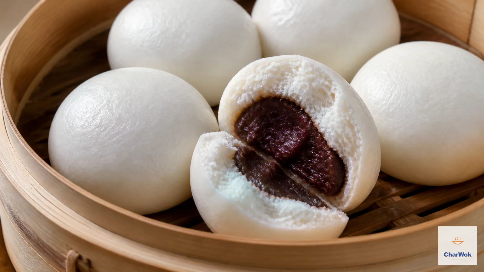 Soft white steamed red bean buns in a bamboo basket, with one bun opened to show its smooth deep-red adzuki bean filling