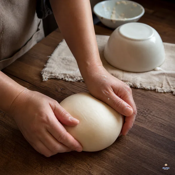 Two hands knead a pale bao dough ball until its surface is smooth, silky and free of cracks beside an overturned bowl and damp cloth