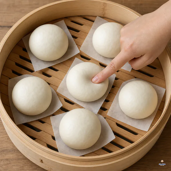 Six puffy raw buns proof uncovered with generous spacing on parchment squares as a fingertip leaves a shallow indentation in the centre bun