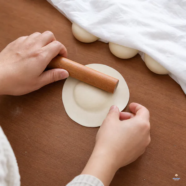 A small white bao wrapper is rotated under a short rolling pin so its edge becomes thin while the centre remains visibly thicker