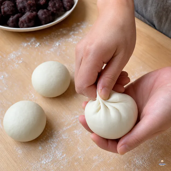 Clean fingers firmly pinch a raw white bun completely closed while two smooth completed buns rest seam-side down behind it