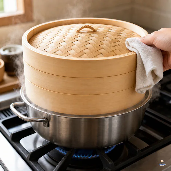 A pristine covered bamboo steamer releases steady steam over a stainless-steel pot and stable medium-high blue flame