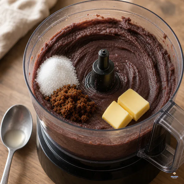 Fine adzuki puree blends with equal small portions of white and dark brown sugar, butter and only a spoonful of reserved liquid nearby