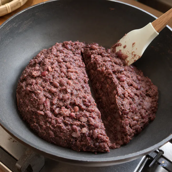 Chunky red bean paste forms one mound away from the pan sides while a deep spatula cut remains open