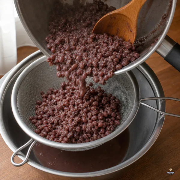 Very soft cooked adzuki beans pour into a fine-mesh strainer while their reddish cooking liquid collects separately below
