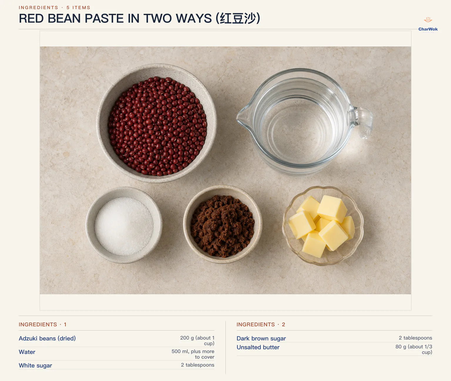 Ingredients for Red Bean Paste in Two Ways (红豆沙), arranged in a top-down flat lay