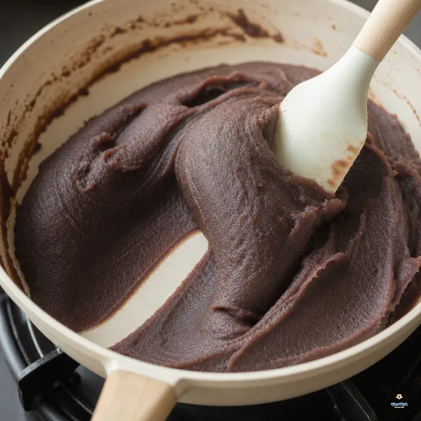 Smooth dark red bean puree folds as one sluggish mass and exposes a clean channel in a pale nonstick pan