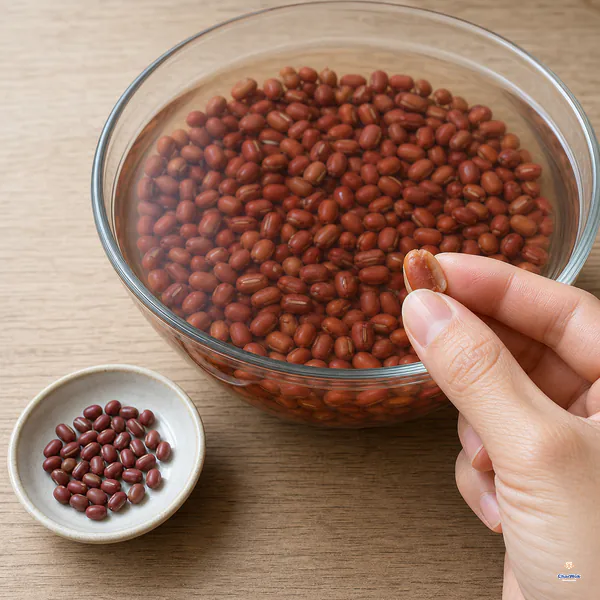 Plump soaked adzuki beans sit well below clear water while one hydrated bean is gently flattened beside a dish of smaller dry beans