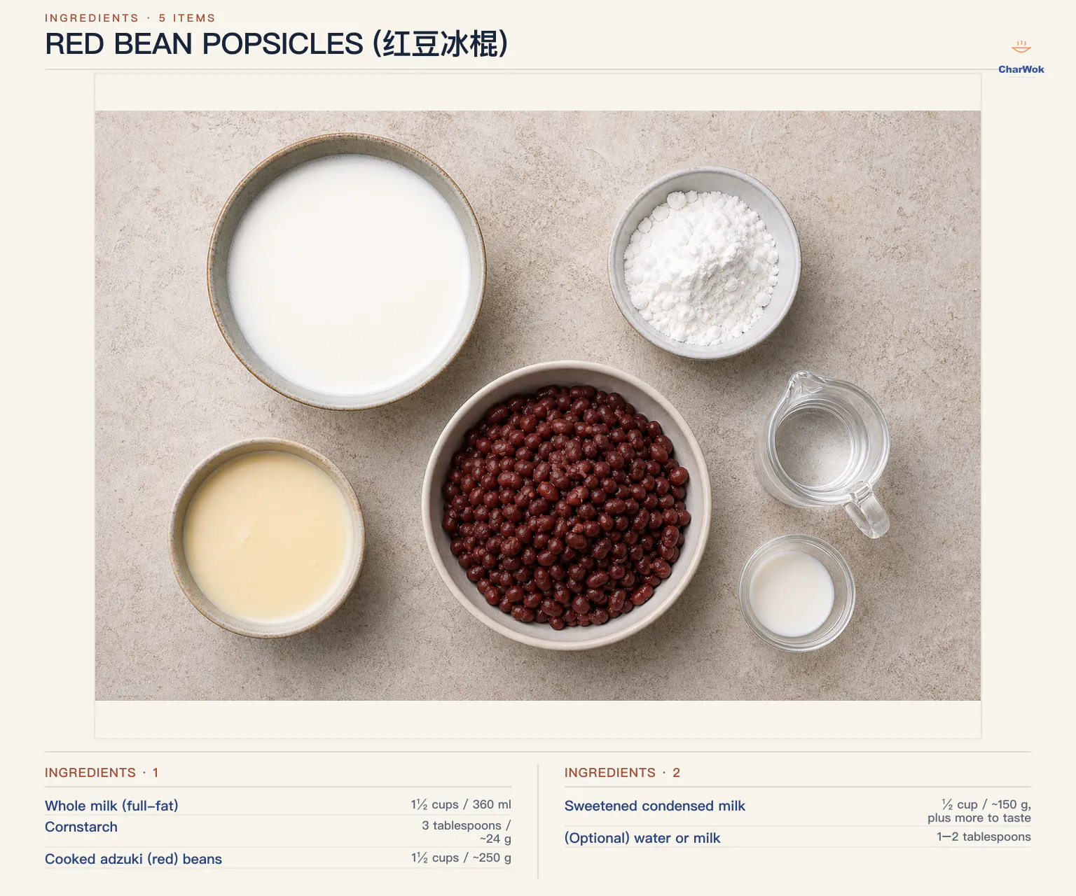 Ingredients for Red Bean Popsicles (红豆冰棍), arranged in a top-down flat lay