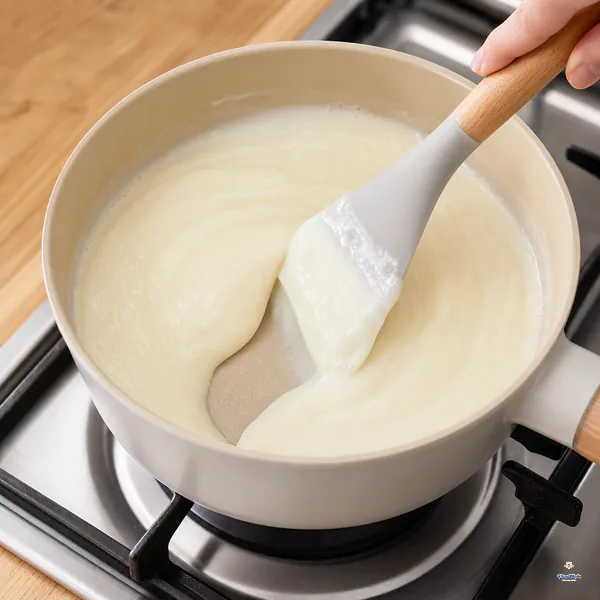 A silicone spatula pulls a clean channel through pale milk custard that has thickened enough to coat the blade