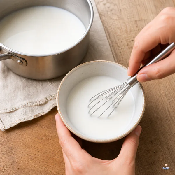 Cornstarch and a small portion of cold milk are whisked completely smooth in a ceramic bowl beside a saucepan of the remaining milk