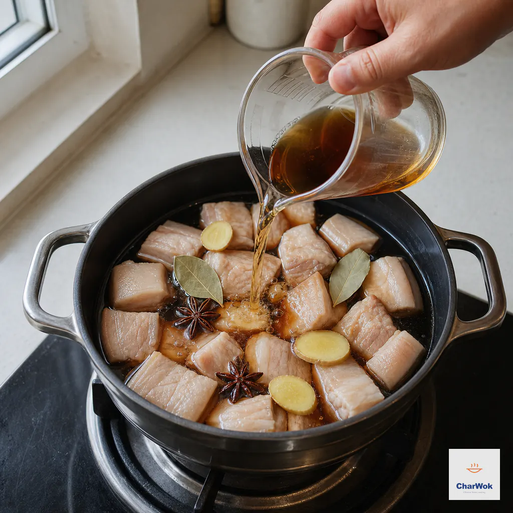 Blanched pork belly cubes sit snugly in a small braising pot while amber cooking liquid is poured to barely cover them
