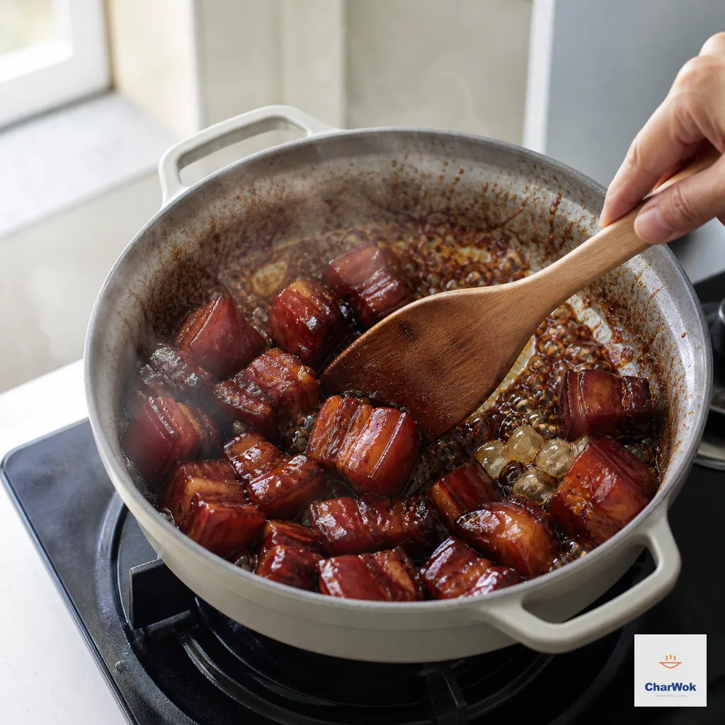 Glossy red-braised pork belly cubes are turned at a hard boil as the sauce reduces to a thin clinging film