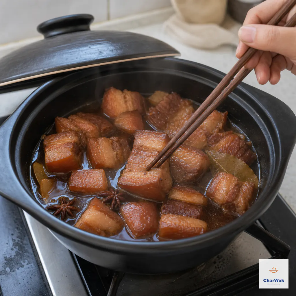 Wooden chopsticks test the thickest red-braised pork belly cube in loose liquid after a gentle simmer
