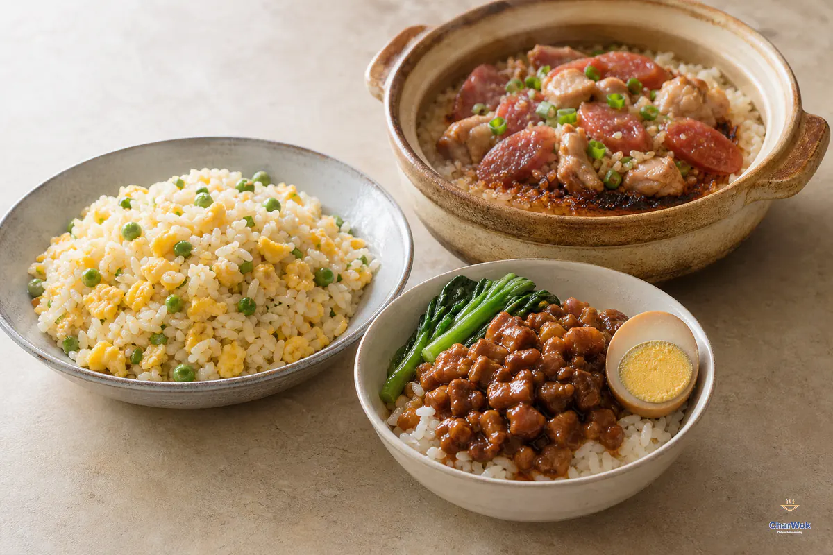 Egg fried rice, clay-pot rice and Taiwanese braised pork rice