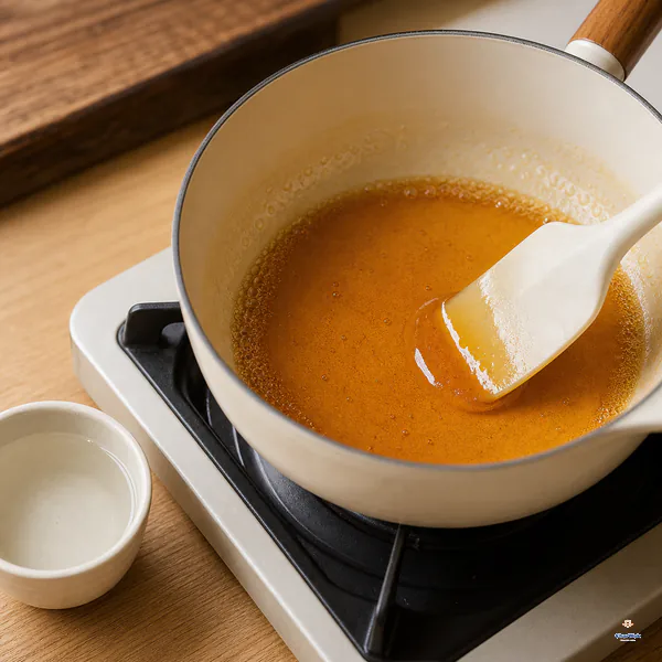 Clear amber rock sugar caramel shows fine edge bubbles in a pale heavy pan while hot water waits beside the stove