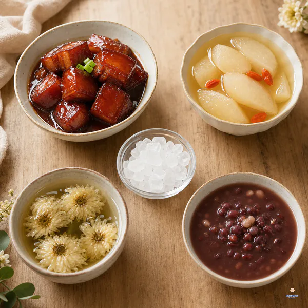 A central bowl of white rock sugar is surrounded by glossy braised pork, clear pear syrup, chrysanthemum tea and red bean dessert soup