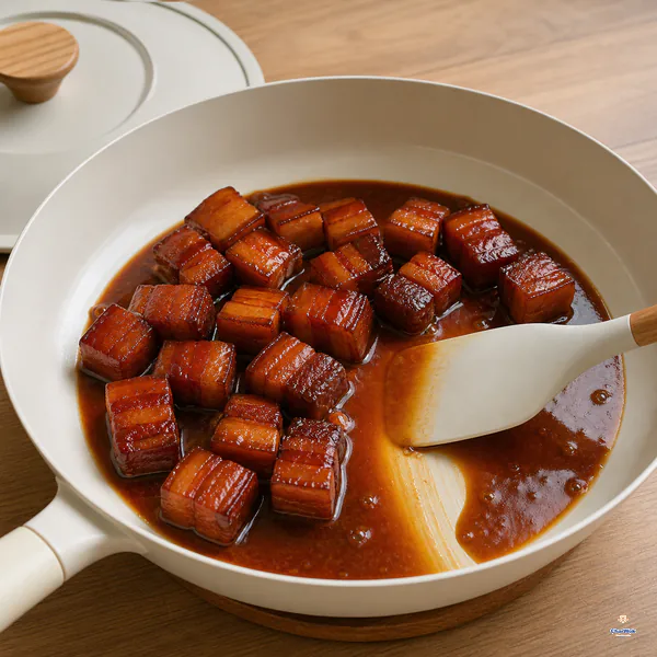 Glossy red-braised pork reduces uncovered in a clean pale pan while a spatula leaves a broad channel through the sauce
