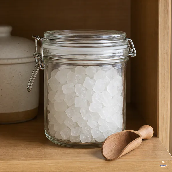 Dry separate rock sugar cubes fill a tightly closed clear clamp jar on a shaded wooden pantry shelf