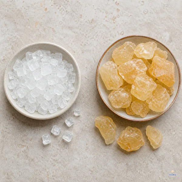 Regular clear white rock sugar cubes sit separately from larger irregular pale yellow old rock sugar chunks