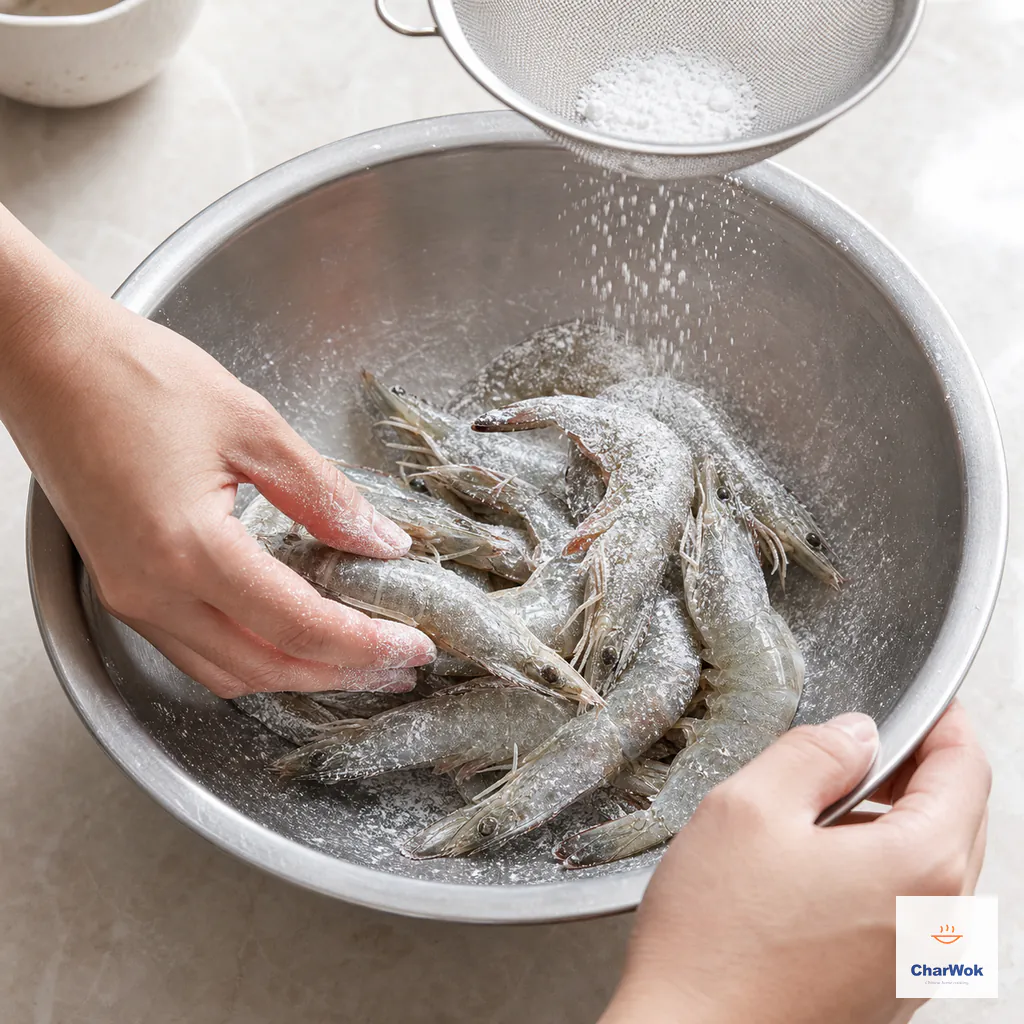 Raw whole shell-on shrimp receive a thin, even cornstarch dusting in a metal bowl while loose excess starch falls through a fine sieve