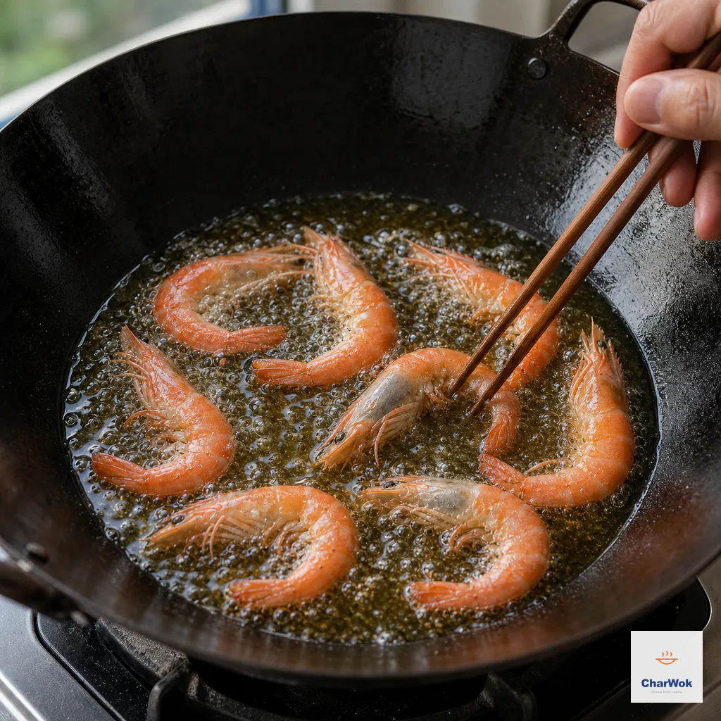 Whole shell-on shrimp fry in vigorously bubbling oil in an uncrowded wok while wooden chopsticks separate two pieces