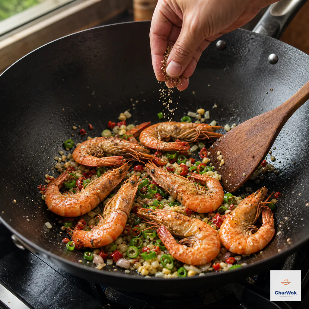 A hand sprinkles coarse pepper-salt over crisp whole shrimp, pale minced aromatics, chilies, and scallion in a dry carbon-steel wok