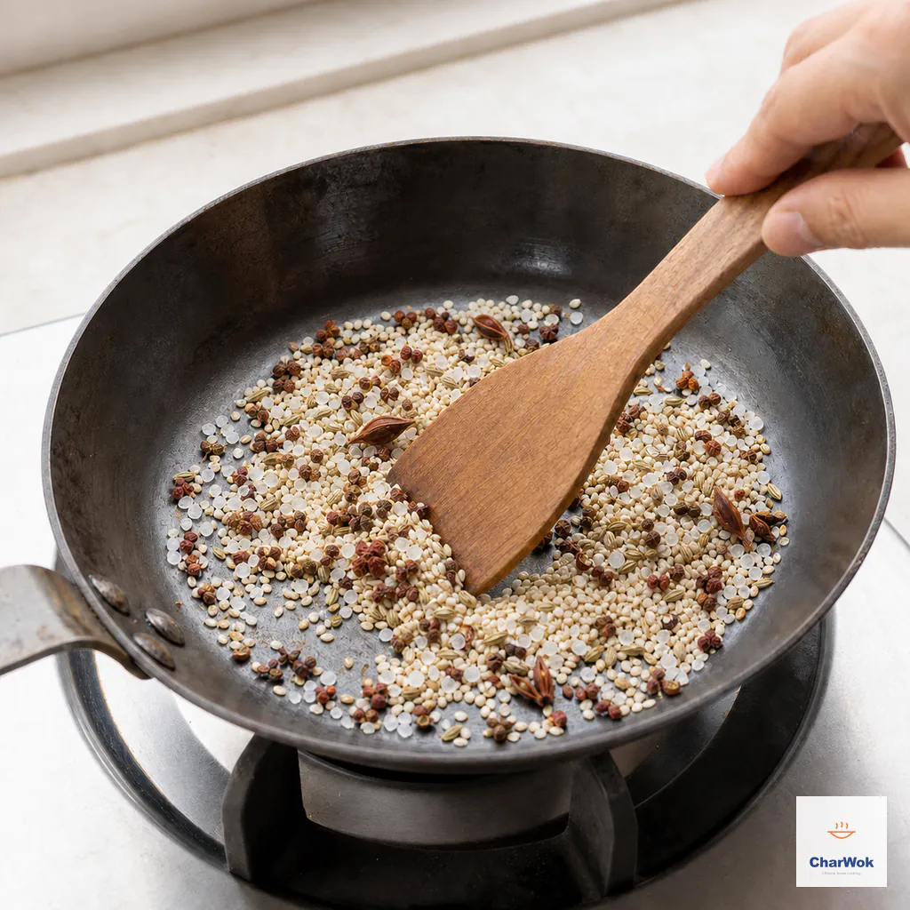 A dry carbon-steel pan holds salt, Sichuan pepper, sesame, fennel, and four broken star-anise points while a wooden spatula stirs them over low heat
