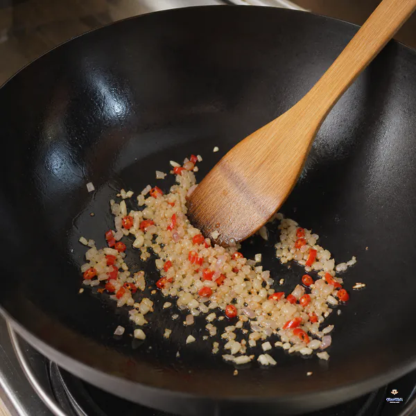Minced shallot, fresh red chili and garlic sizzle in a very thin film of oil with only the garlic edges turning pale gold