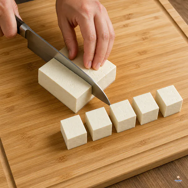 A cleaver cuts firm tofu into even cubes about two and a half centimetres wide on a clean board