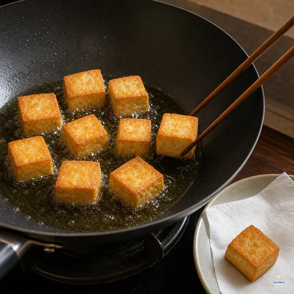 Evenly spaced tofu cubes fry until deep golden as chopsticks turn one set crust and a paper-lined plate drains a finished cube