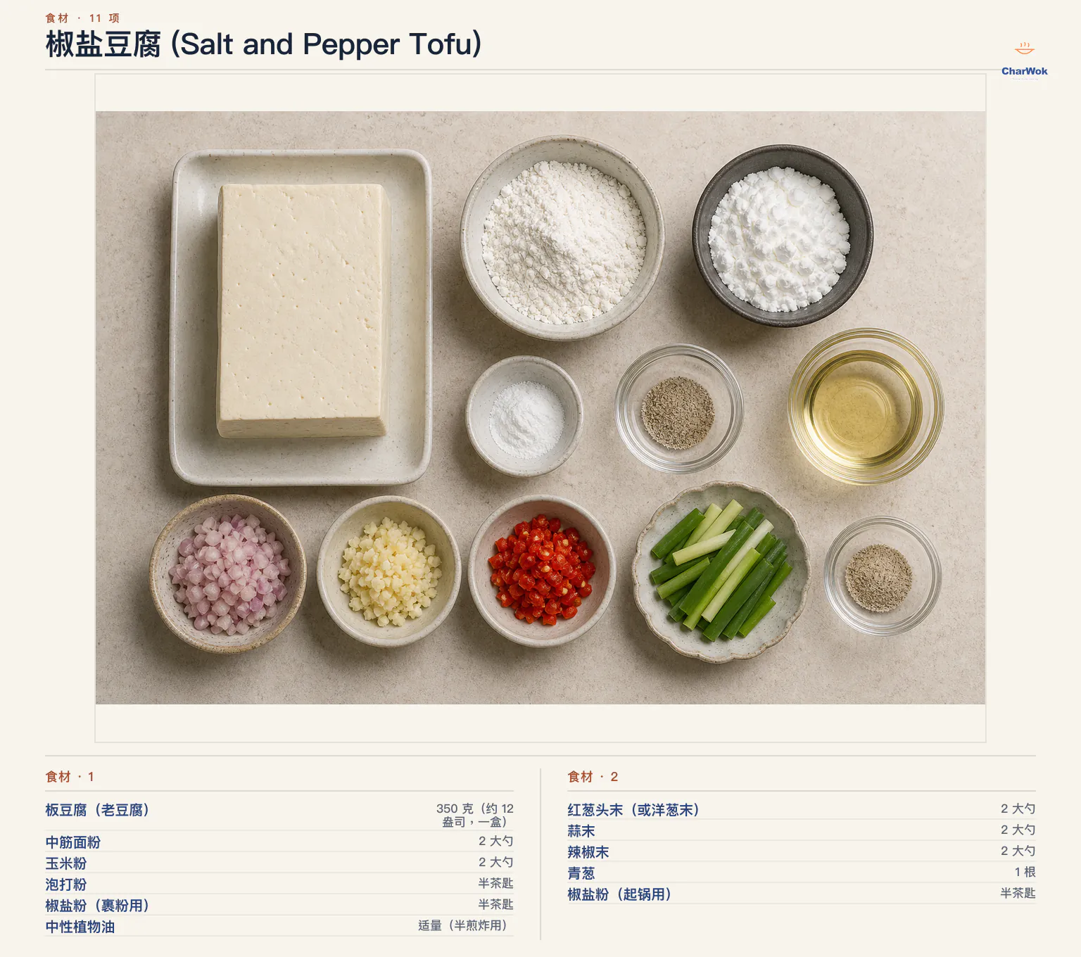 椒盐豆腐 (Salt and Pepper Tofu)完整食材俯拍平铺图