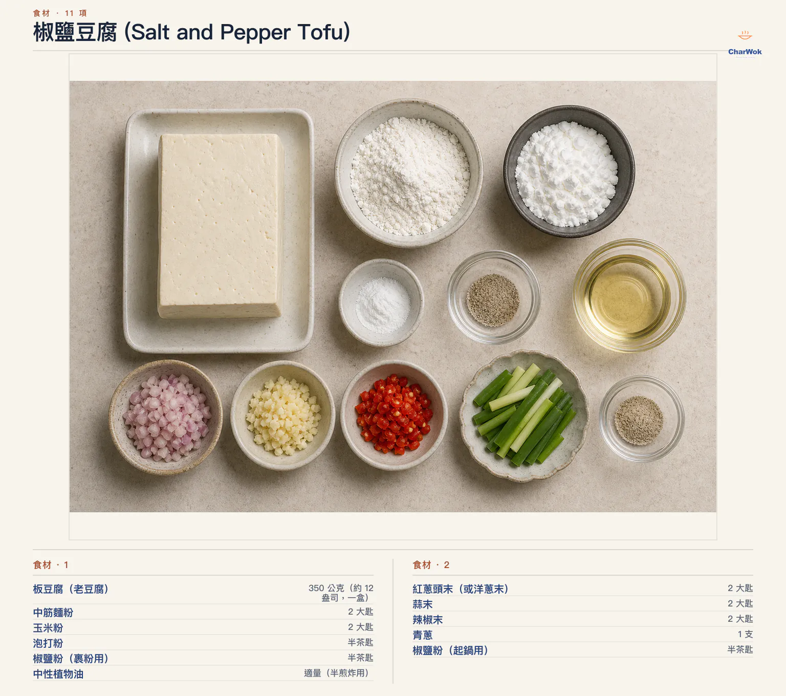 椒鹽豆腐 (Salt and Pepper Tofu)完整食材俯拍平鋪圖