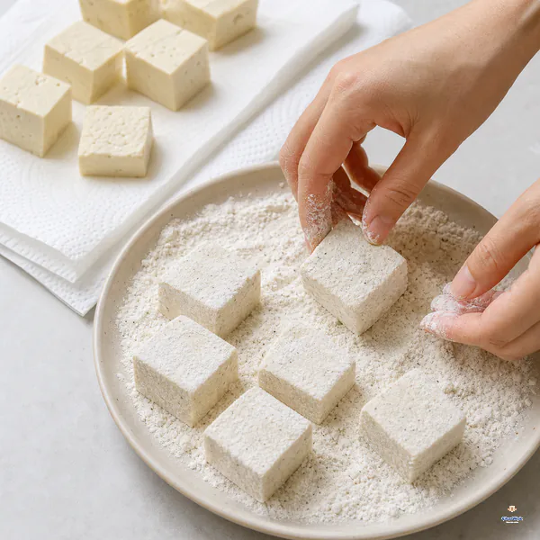 Paper towels hold dry tofu cubes while one cube receives a light even coating and loose flour is shaken away