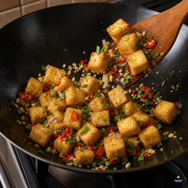 Crisp golden tofu is quickly tossed with garlic, shallot, red chili, scallion and a light dusting of dry seasoning in a wok