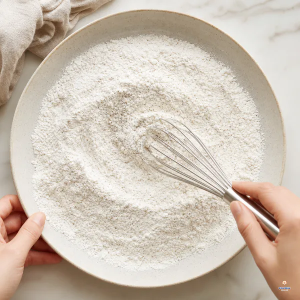 A whisk evenly combines a fine dry coating of flour, starch, baking powder and a small amount of salt-and-pepper seasoning
