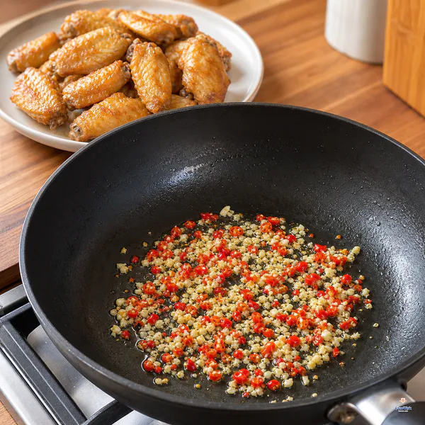 Drained golden wings wait on a plate while minced garlic and red chili gently sizzle in a thin film of rendered chicken fat