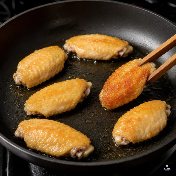 Six chicken wing flats fry with space between them in a thin oil film while chopsticks lift one evenly deep-golden underside