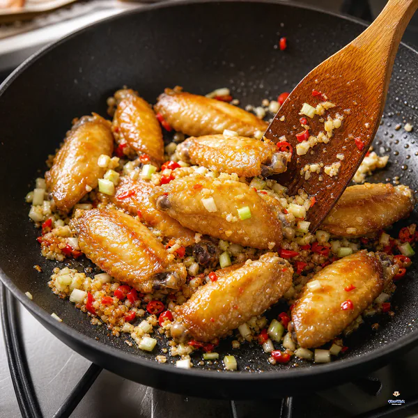 Golden wings are quickly tossed on the burner with garlic, red chili and pale scallion whites in a thin sheen of oil