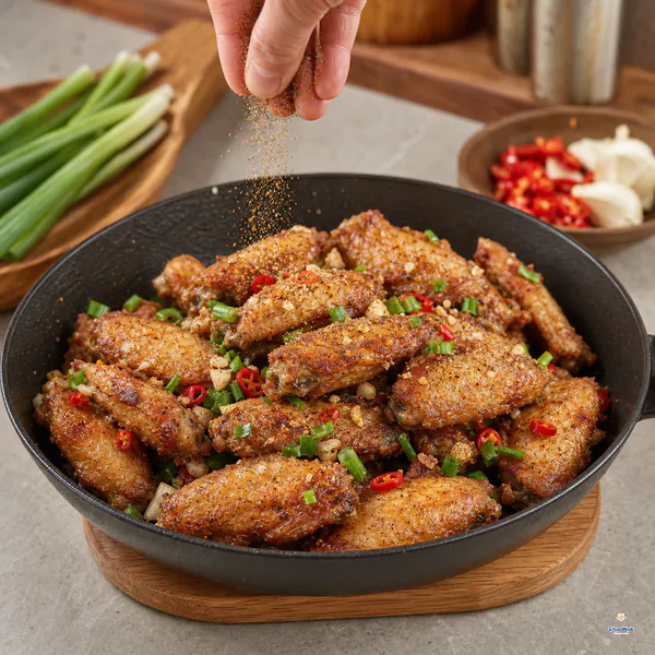 A skillet rests off the burner on a wooden trivet as dry salt-and-pepper seasoning and dark green scallion tops fall over crisp wings