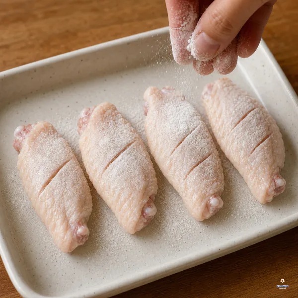 Four scored chicken wing flats receive a last-minute veil of cornstarch thin enough to leave the skin texture visible