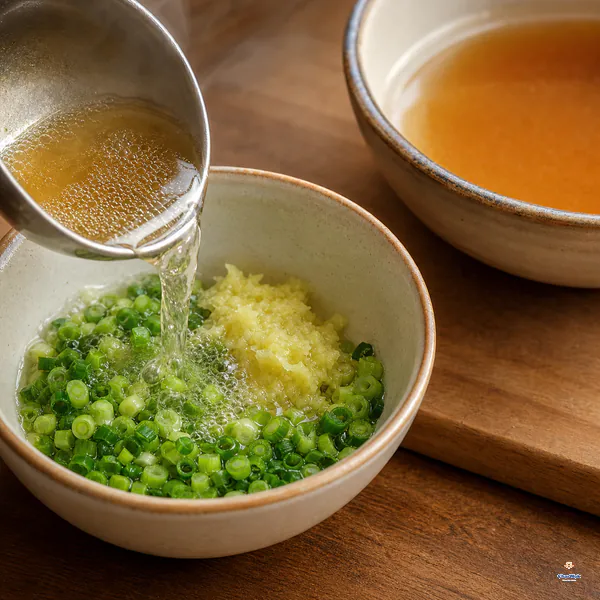 Hot amber chicken juice is poured over a bowl of finely chopped scallion and grated ginger